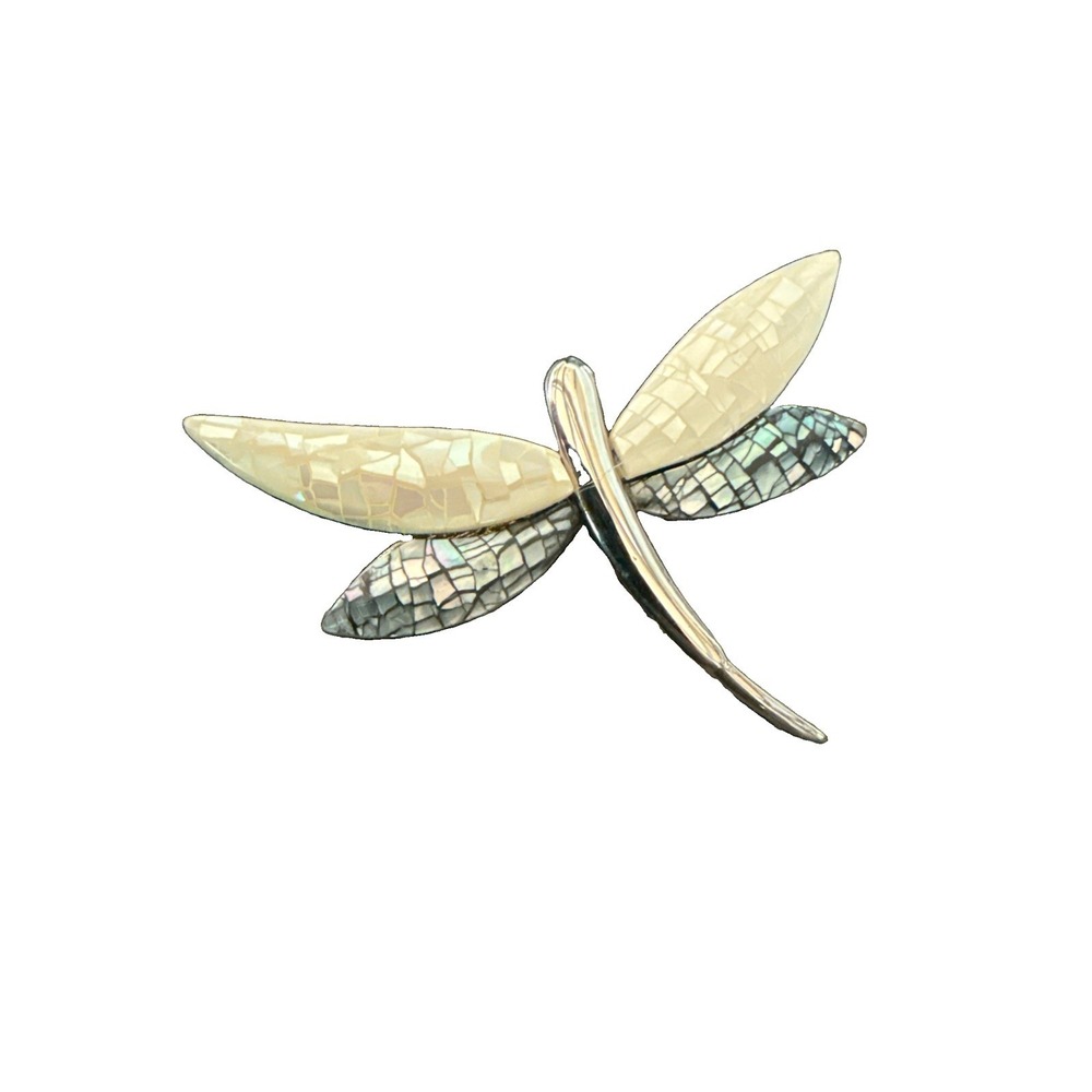 VTG Abalone Mother of Pearl Dragonfly Brooch Silver Tone Inlaid Shell